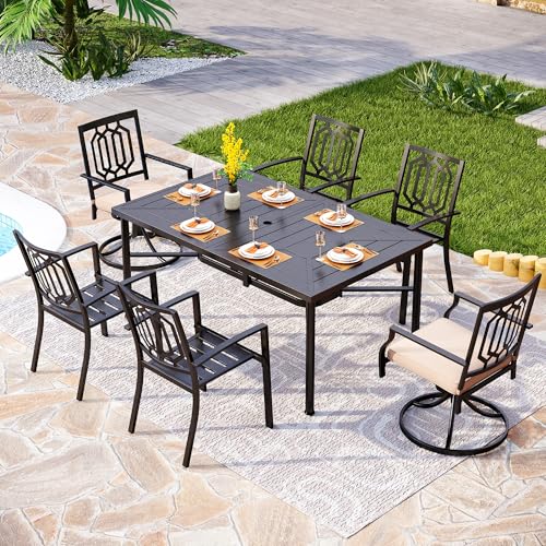 Image of PHI VILLA 7 Pcs Outdoor Dining Set for 6,Metal Table& Fixed Swivel Chairs | 60 inch Black Rectangular Metal Table with Umbrella Hole,Heavy-Duty Furniture for Patio, Deck, Backyard, Porch