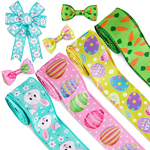 Whaline Easter Wired Edge Ribbon 30 Yard Pastel Easter Egg Bunny Rabbit Carrot Decorative Fabric Wrapping Ribbon for Spring DIY Bow Wreath Sewing Crafts Supplies, 4 Roll