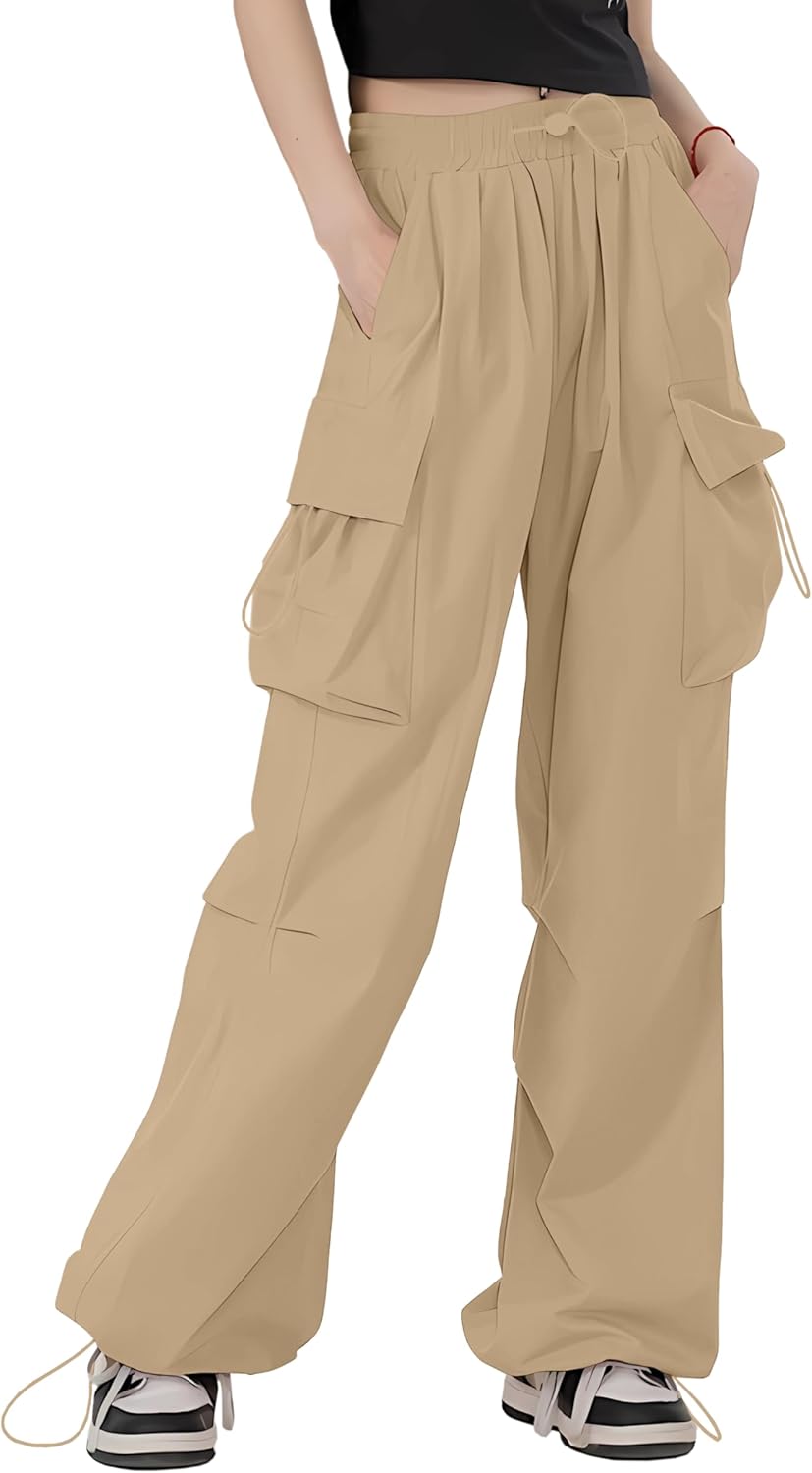 HENGAO Girls Cargo Pants Casual Jogger Loose Fit Streetwear Parachute Pants