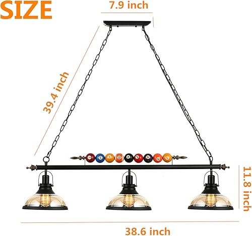 Miniatura 4 de Willbebest - Lámpara colgante de isla para mesa de billar, lámpara colgante de billar con 3 pantallas de cristal, lámpara especial de decoración de
