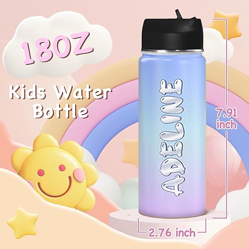 Miniatura 9 de Botella de agua aislada personalizada con asa y tapa de popote para niños, botellas de agua deportivas de acero inoxidable personalizadas de 18