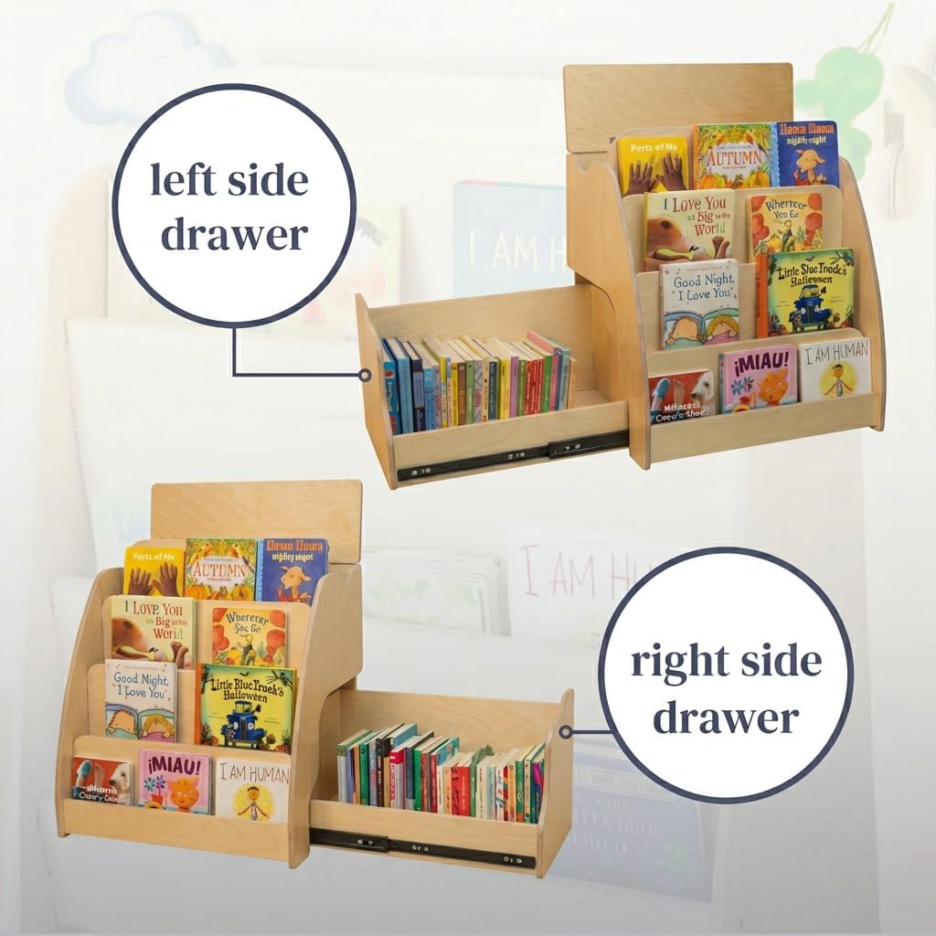 Montessori Bookshelf for Toddlers - Kids Front Facing Book Shelf with Hidden Drawer - Wooden Bookcase, Top Toy Storage Compartment (Left Sided Drawer)