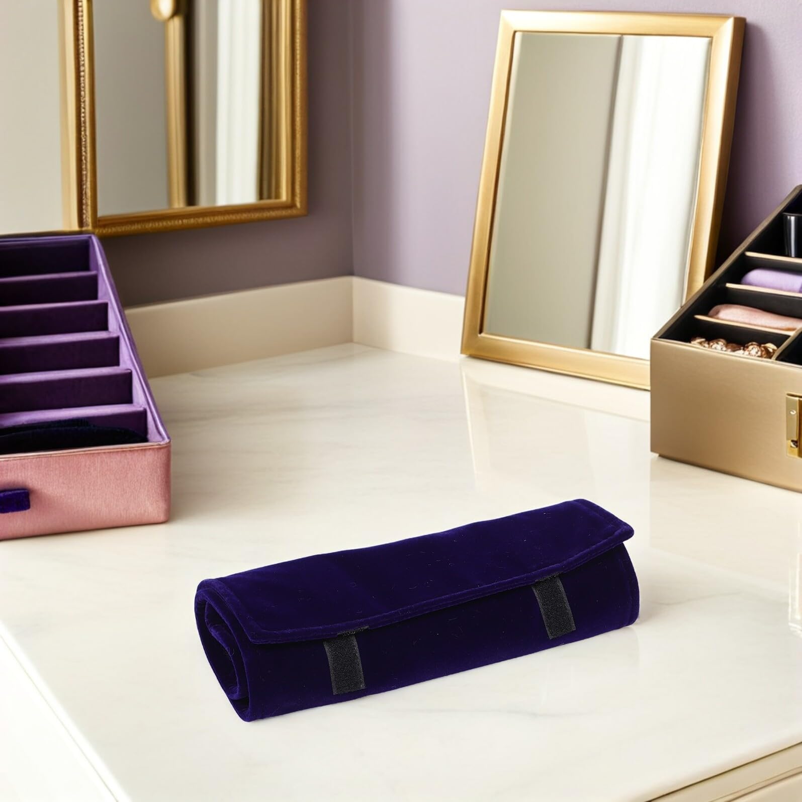 Toyvian Estuche Portátil de Terciopelo Azul Oscuro para Joyas, Organizador Rollo para Collares y Anillos Bolsa Enrollable Compacta para Viajes y Uso Diario