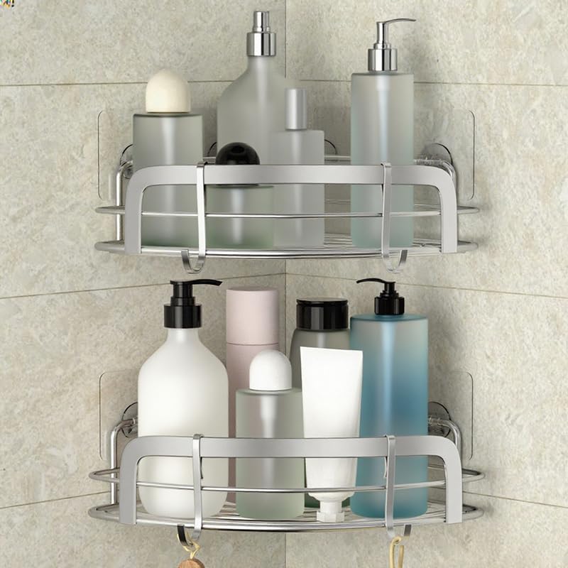STEUGO Shower Caddy Corner, Bathroom Corner Shower Shelfs, Adhesive Wall Mounted Shower Caddy with 4 Movable Hooks, SUS304 Stainless Steel Bath Storage Shower Organizers, 2 Pack