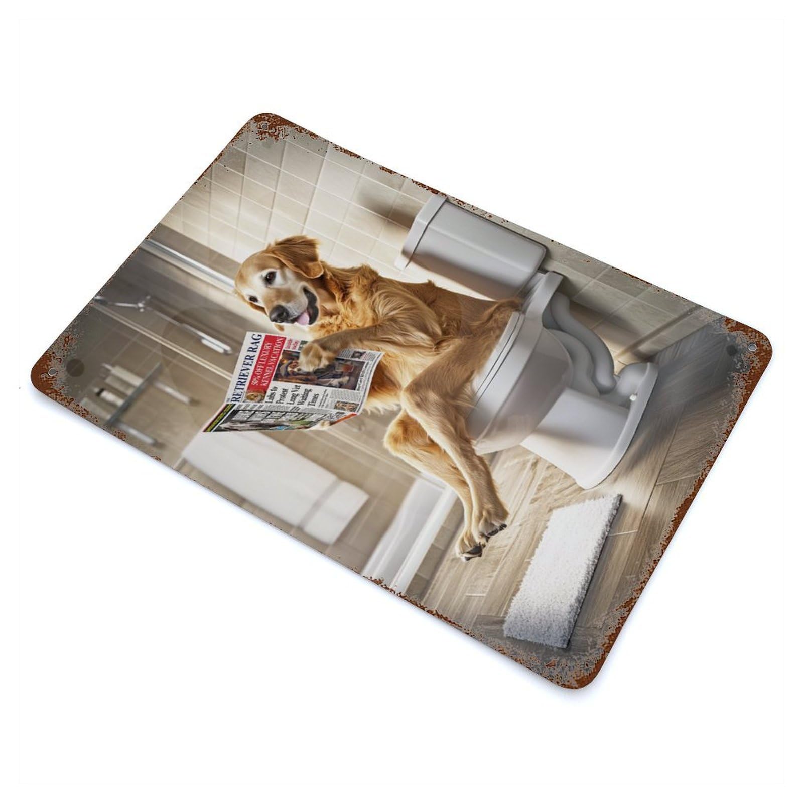 Rusty Metal Tin Sign Golden Retriever on Toilet 11.8"x7.9", Industrial Home Decor for Patio, Garden Room And Bar Decor