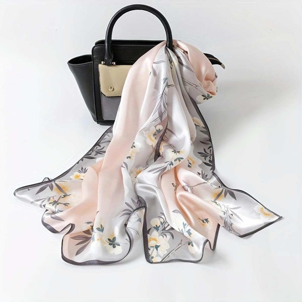 SYJYM - Elegante Bufanda de Seda Rosa Claro para Mujer, Seda Morera, diseño Vintage de pájaros y Flores, Chal Transpirable