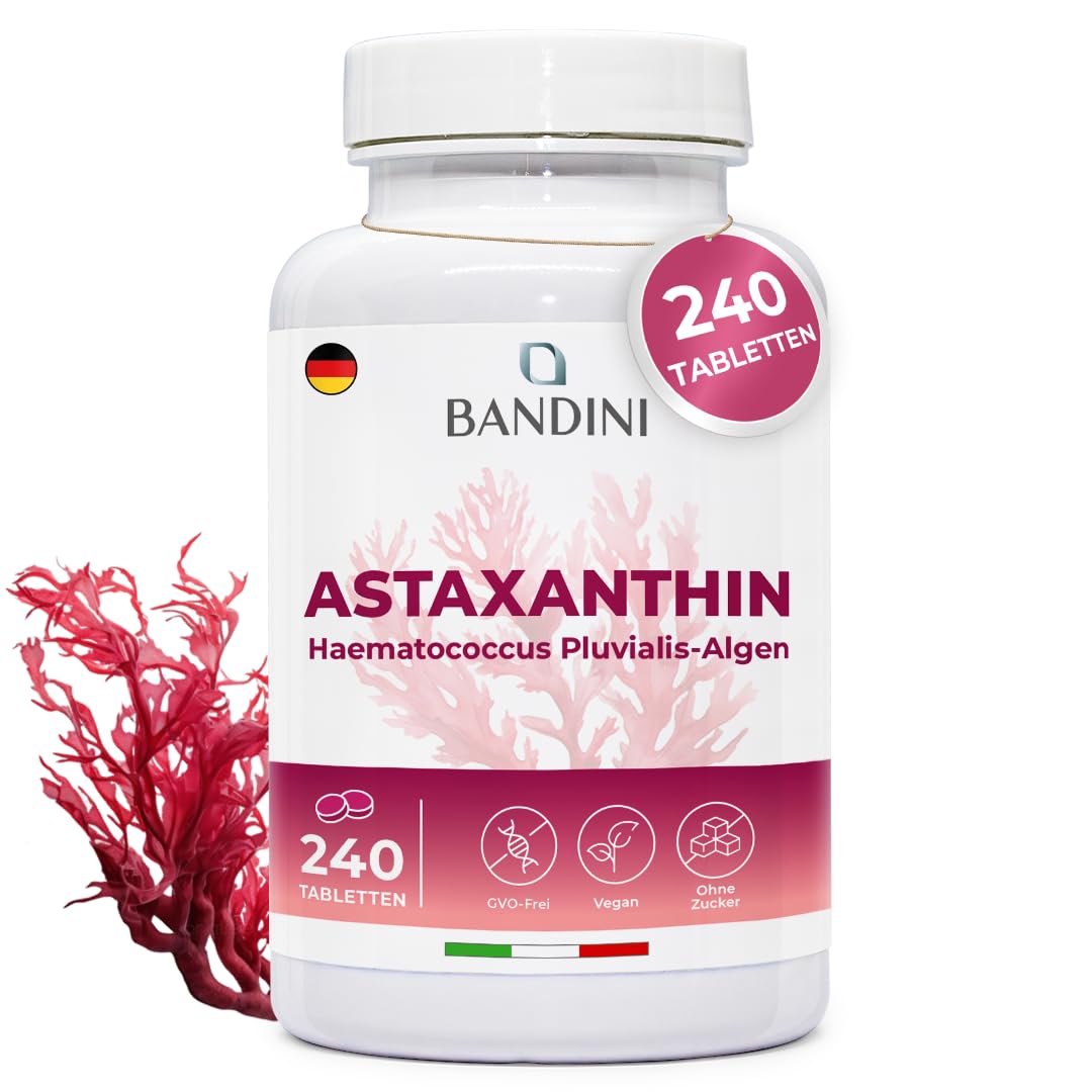 Bandini® Astaxanthin 240 Tabletten für 8 Monate (1 Tablette pro Tag) | Hochdosiert 8 mg pro Tablette | Natürliches Astaxanthin aus Haematococcus Pluvialis Algen | Magnesiumstearatfrei, GMO-frei