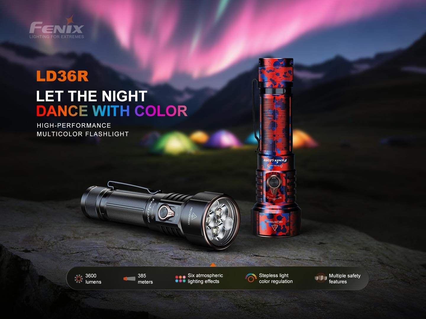 Fenix LD36R 3600 Lumens Rechargeable Flashlight, USB-C Fast Charging with 6 RGB Presets & Continuously Adjustable Color Output (Red)