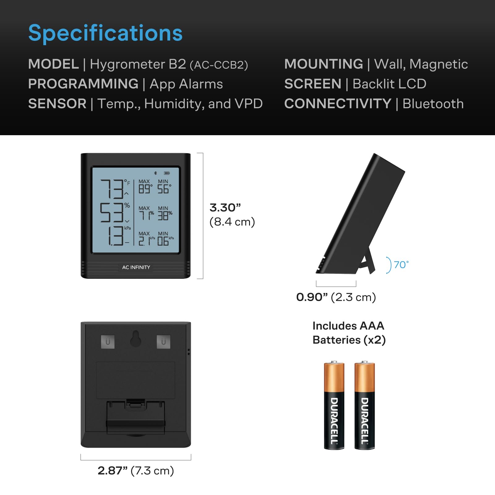 AC Infinity CLOUDCOM B2, inteligentny higrometr temperatury z wyświetlaczem LCD i monitorem aplikacji Bluetooth, termometr do piwnic, sal gitarowych, namiotów i szklarni
