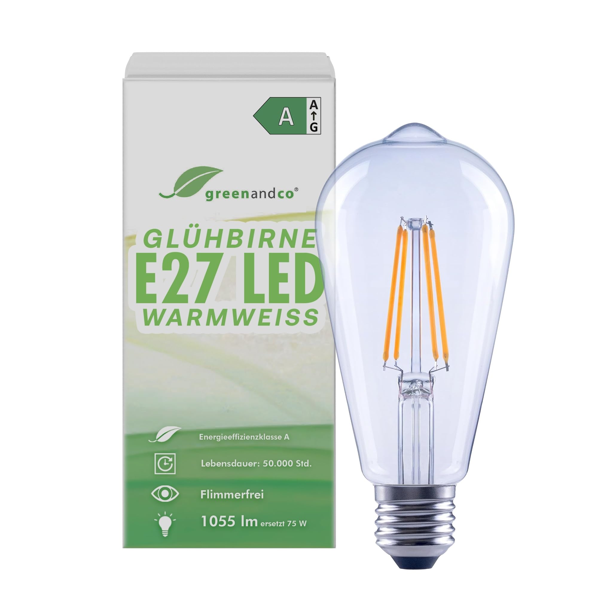 greenandco Glühfaden LED Lampe | klar | E27 ST64 | 5W 1055lm | ersetzt 75W | 2700K warmweiß | 320° | 230V | flimmerfrei | Energieeffizienzklasse A | nicht dimmbar