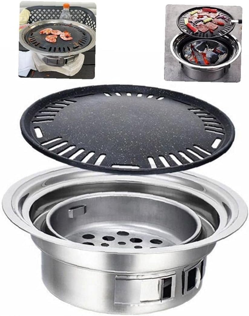grill, Grill węglowy Okrągły przenośny grill kempingowy do użytku domowego z siatką grillowania, narzędzia na świeżym powietrzu (z grilla)(Baking tray)