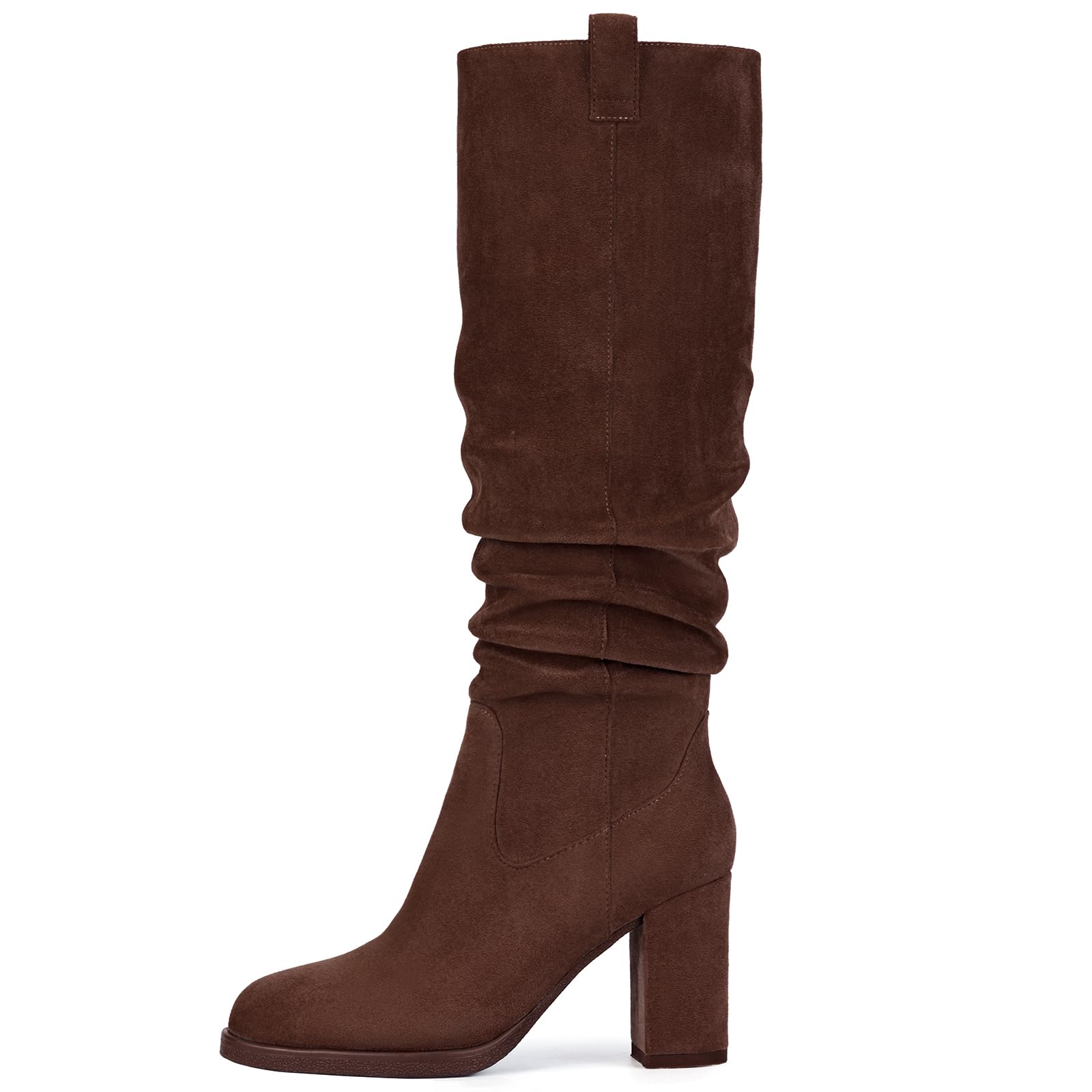 Suede Knee High Boots for Women - Tall Chunky High Heel Dress Boot with Side Zipper Round Toe