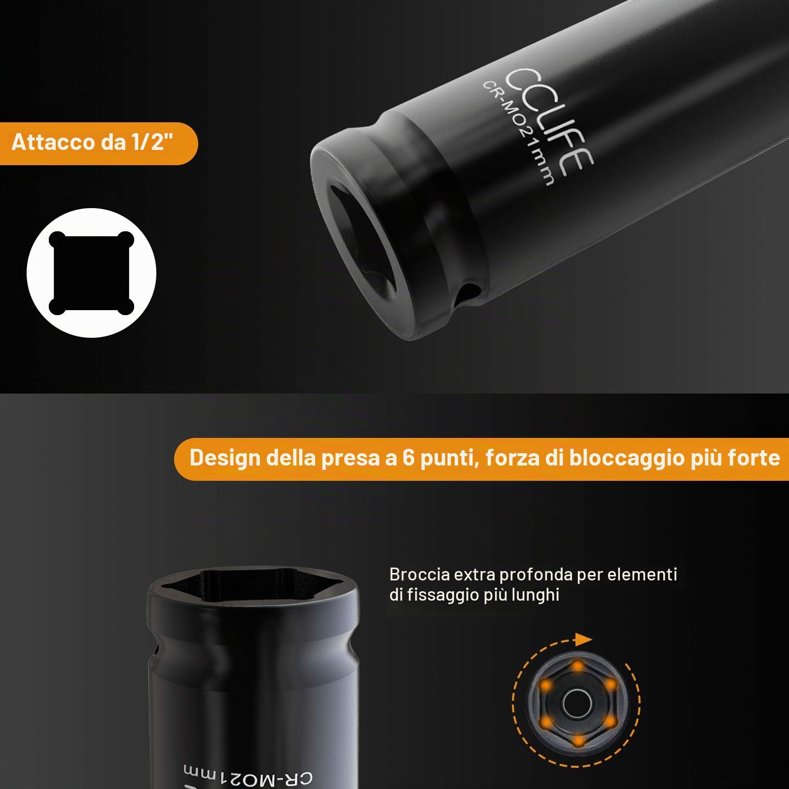 CCLIFE Set Bussole a Impatto, Bussole a Impulsi Profondo da 1/2" Prese Metriche Esagonale 10-32 mm, 16 Pezzi