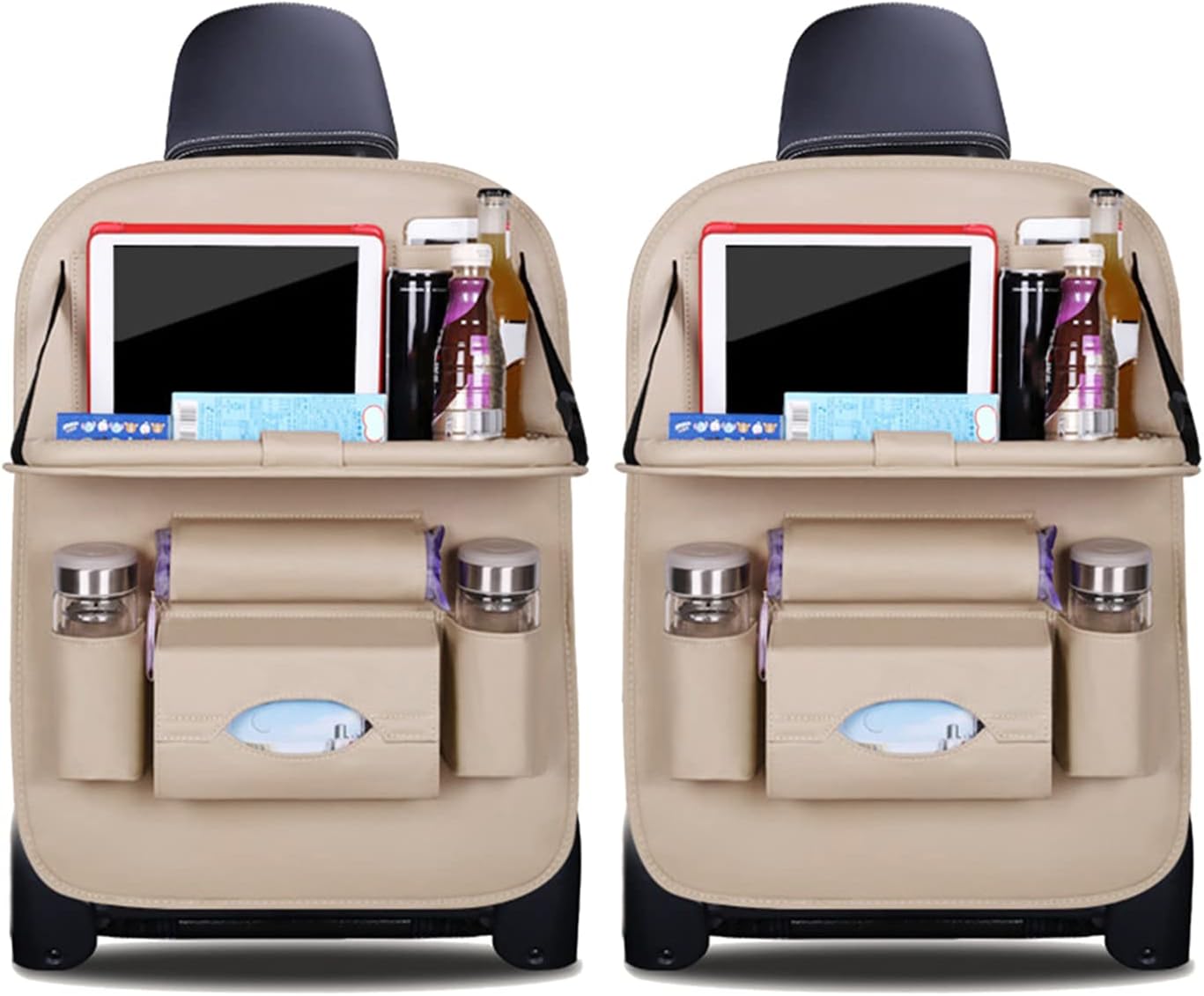 Ergocar Car Back Seat Organiser Kick Mats Luxury PU Leather with Foldable Tablet Holder Car Organisers Car Storage Multi-Function Back Seat Protector for Long Trip and Family (Beige - 2 Pack)