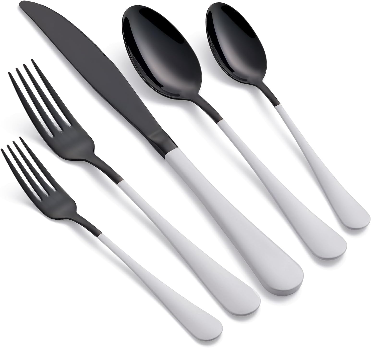 20-Piece Black Silverware Set 18/0 Stainless Steel Flatware White Handle Cutlery Set Service for 4 Dinner Knives Forks Spoons Set Mirror Finish Dishwasher Safe