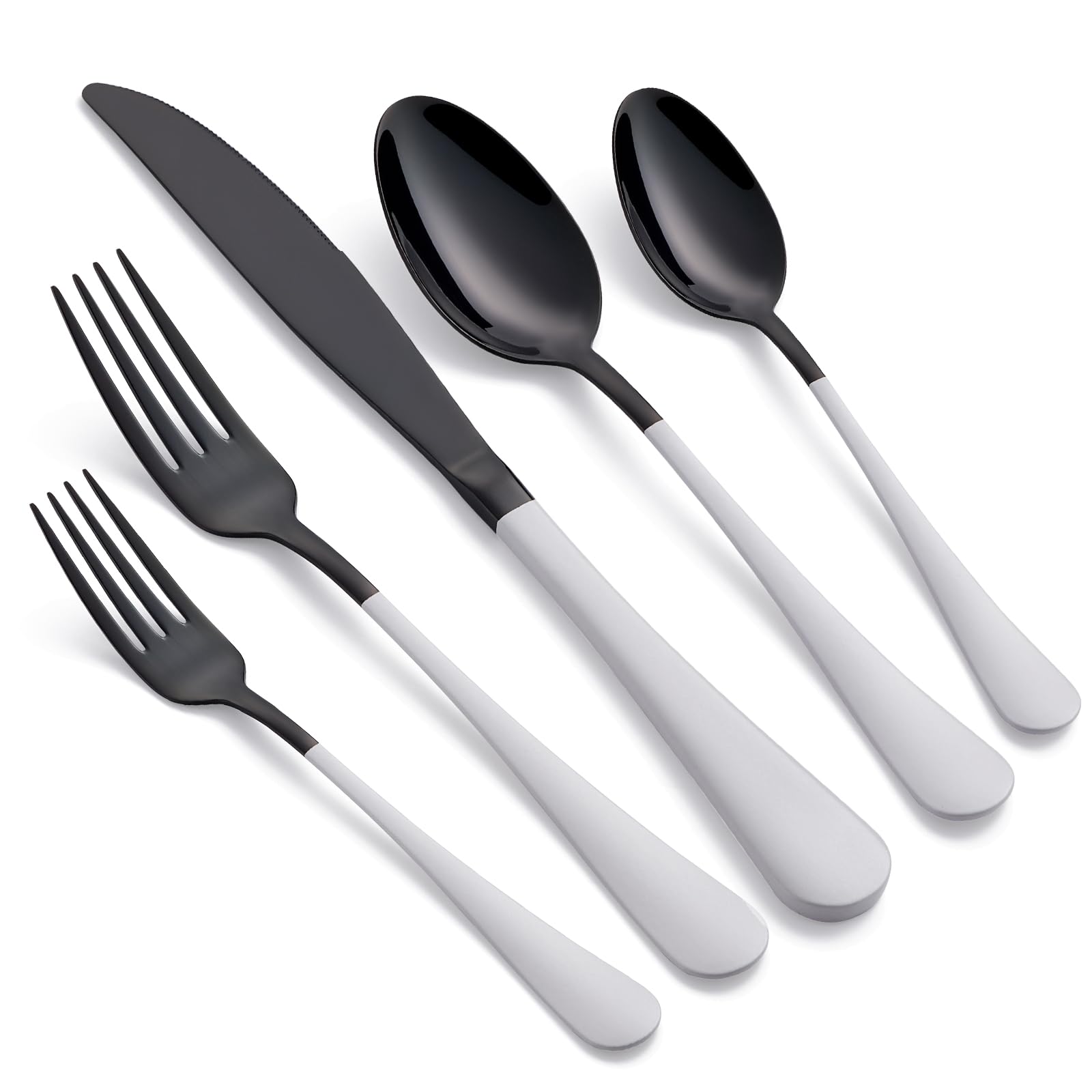 20-Piece Black Silverware Set 18/0 Stainless Steel Flatware White Handle Cutlery Set Service for 4 Dinner Knives Forks Spoons Set Mirror Finish Dishwasher Safe
