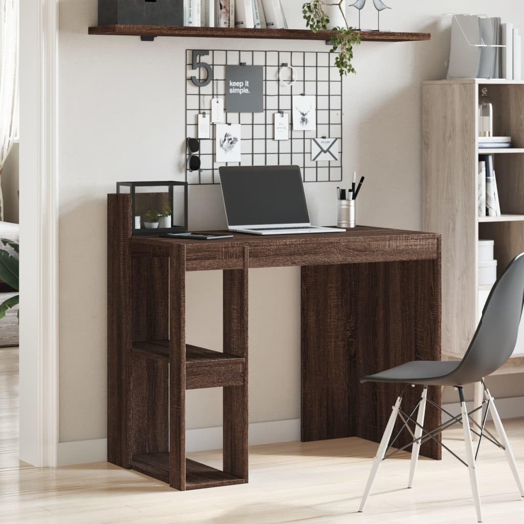 Scrivania rovere marrone in legno multistrato 103,5x56,5x94 cm con ripiani, design salvaspazio per ufficio, studio, smartworking, postazione computer e gaming