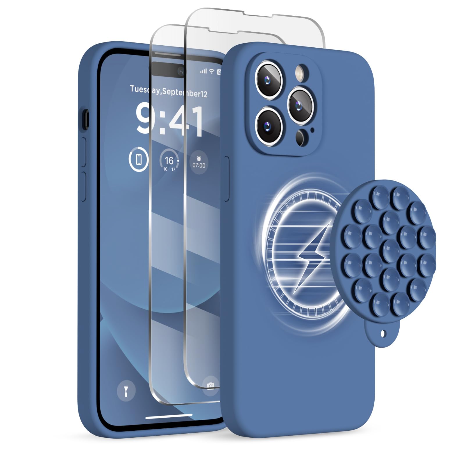 HSAOHD Magnetic for iPhone 14 Pro Max Case, Compatible with MagSafe, [Full Camera Protection][2 Screen Protectors], Suction Cup Phone Mount Silicone