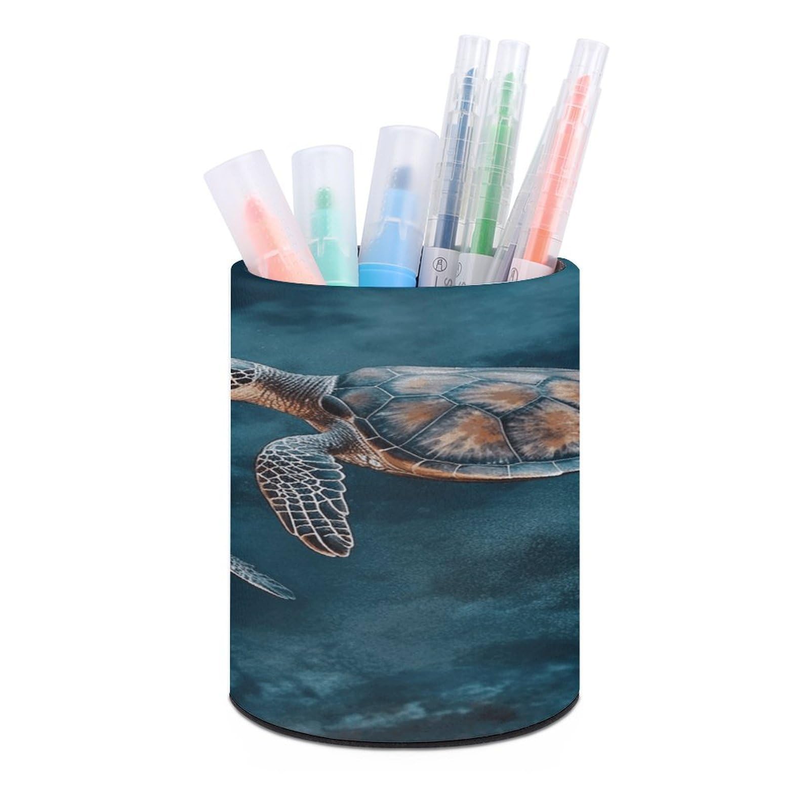FekiLoot Turtle Swimming in The Sea Pen Holder Cup Fashion PU Leather Pencil Cup Minimalist Pen Organizer Round Pencil Holder Stand Work Locker Accessories for Decoration Desk Office Home