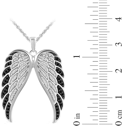 Miniatura 3 de Collar de plata fina con colgante de alas de ángel con diamantes blancos y negros 12 de peso total de quilates 18 pulgadas