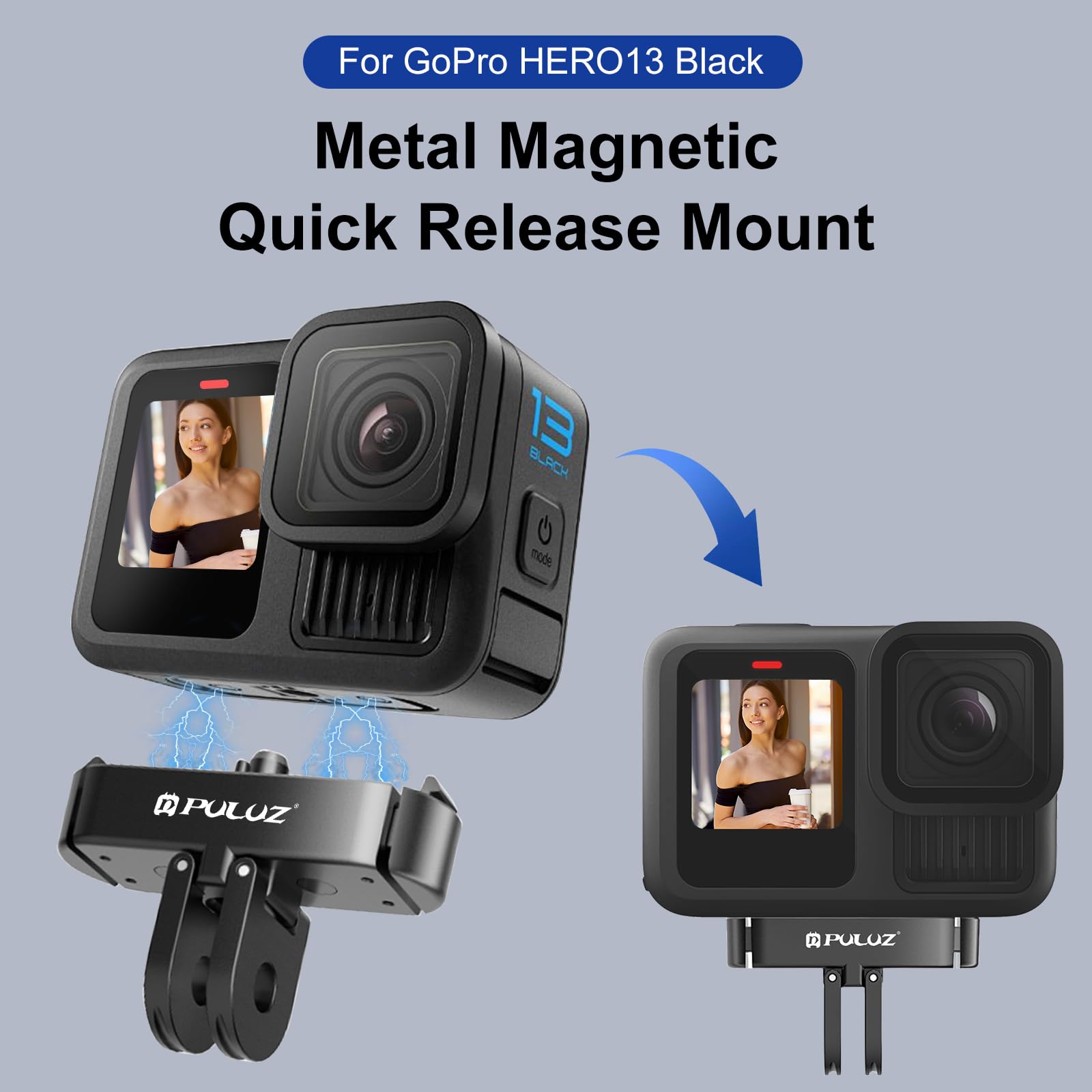 PULUZ Soporte magnético para GoPro Hero 13 negro, montaje de liberación rápida con orificio de tornillo de 1/4 a 20 puertos de conector de trípode para GoPro Hero 13