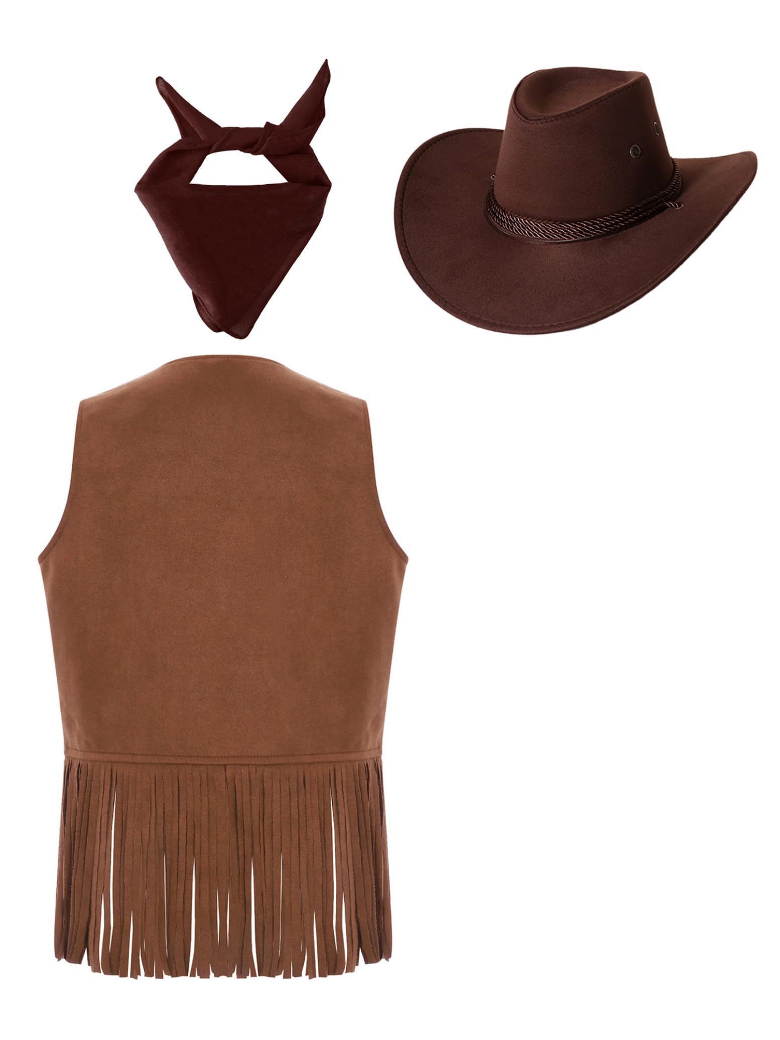 3 Pièces Déguisement Cowboy Gilet Sans Manche Vache Enfant Avec Chapeau Bandana Carnaval Costumeenfant 6-16 Ans