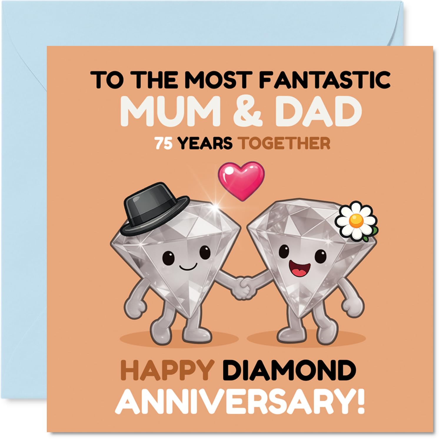 Cute 75th Anniversary Card for Mum & Dad - Playful Diamond Duo Celebrates 75 Years - Adorable Hand-holding Motif - 145mm Square, Envelope Included
