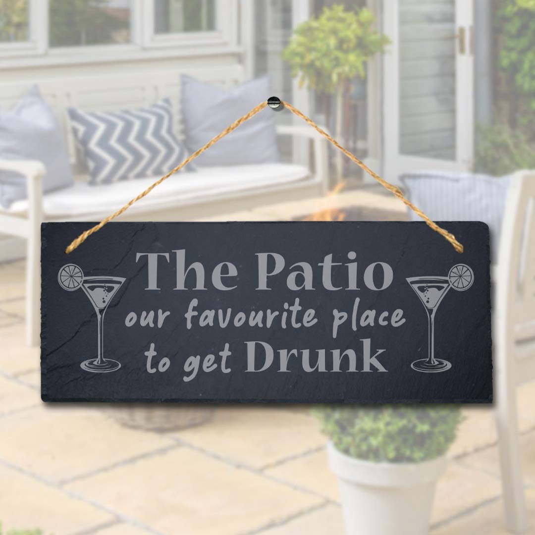 Stukk Natural Engraved Slate Stone Plaque Patio Our Favourite Place To Get Drunk Hanging Garden Sign, 30X12cm