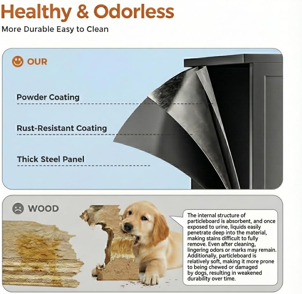 Diagram showing the multi-layer steel construction of the AUN Cat Litter Box Enclosure, including powder coating and rust-resistant coating.
