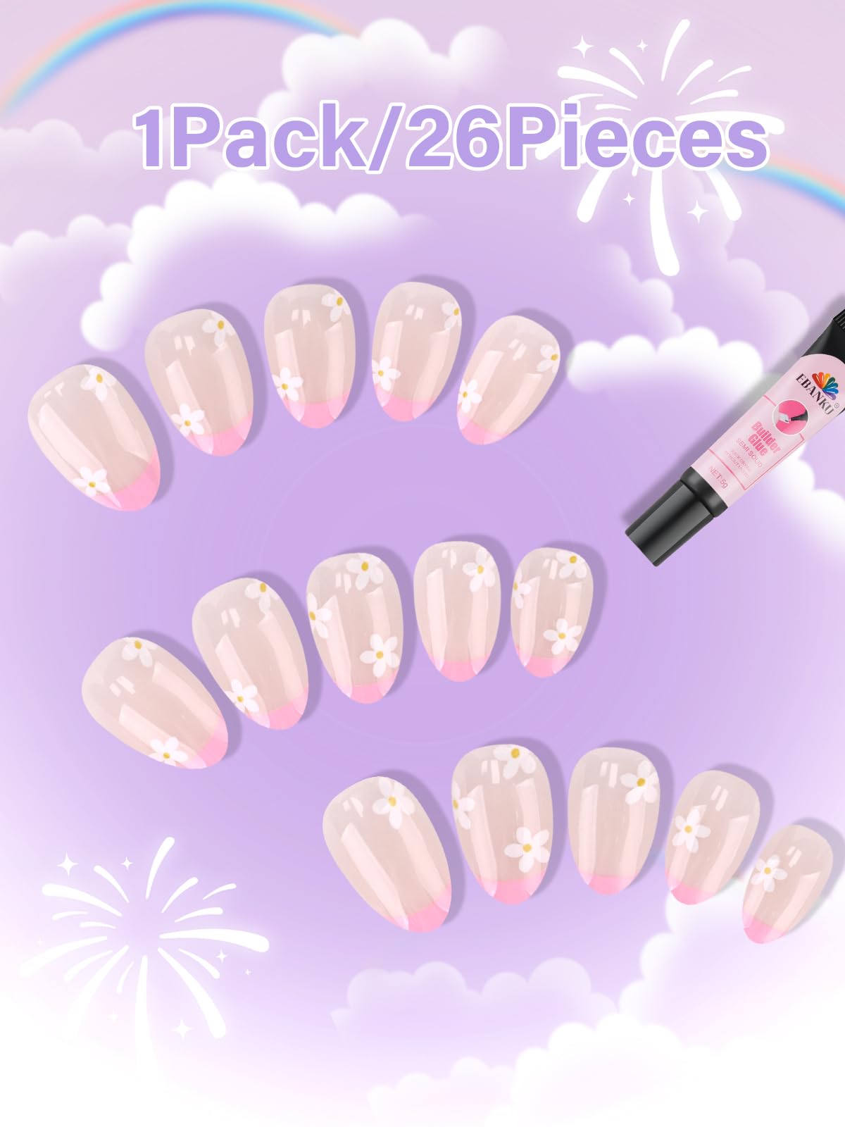 EBANKU 26 stuks prasy do paznokci kunstnagels voor kinderen, Franse bloemen kunstnagels voor meisjes van 5-12 jaar met nagellijm en nagelkussentjes voor thuisgebruik | Dla dziewczynek w wieku 5-12 lat z klejem do paznokci i podkładką do paznokci do domu D