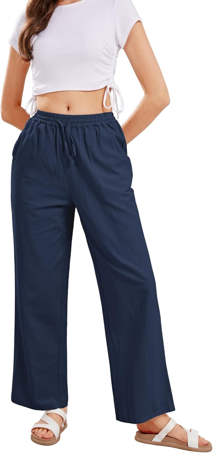 CHARTOU Women's Summer Drawstring Waist Wide Leg Loose Cotton Linen Palazzo Pants - Image 2