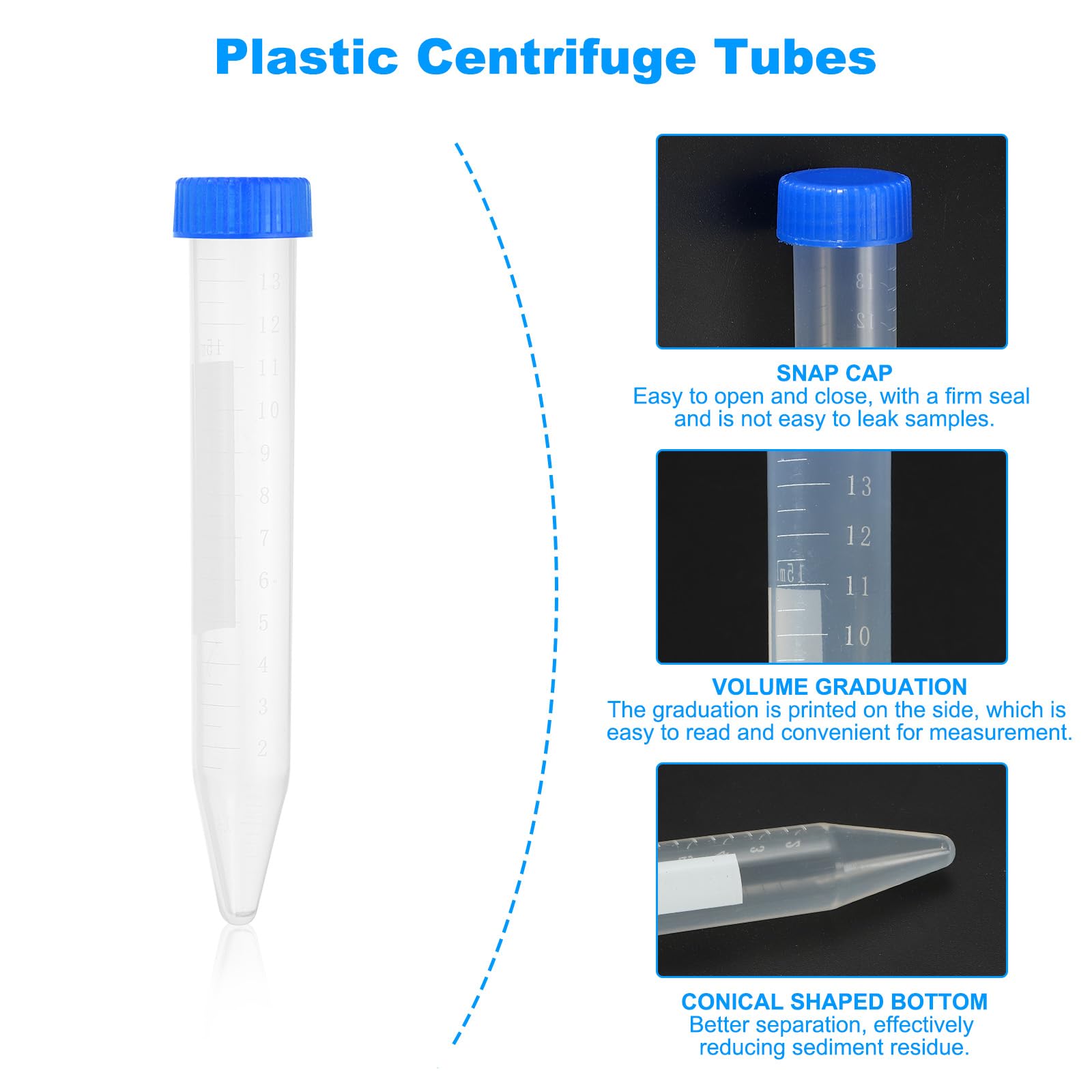 PATIKIL 15ML Tubos De Plástico Para Centrífuga, 200 Pcs Envase De Tubos De Ensayo Cónicos Con Tapas Azules A Prueba De Fugas Y Marcas Graduadas Para Líquidos De Laboratorio