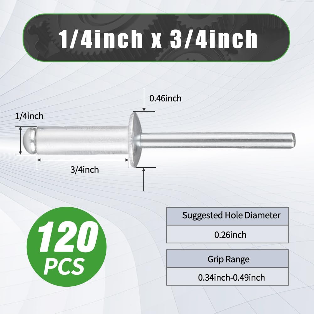 120pcs 1/4"x3/4" Aluminum Blind Rivets, 6.4x20mm Pop Rivets, Aluminum Alloy Body and Zn-plated Steel Mandrel