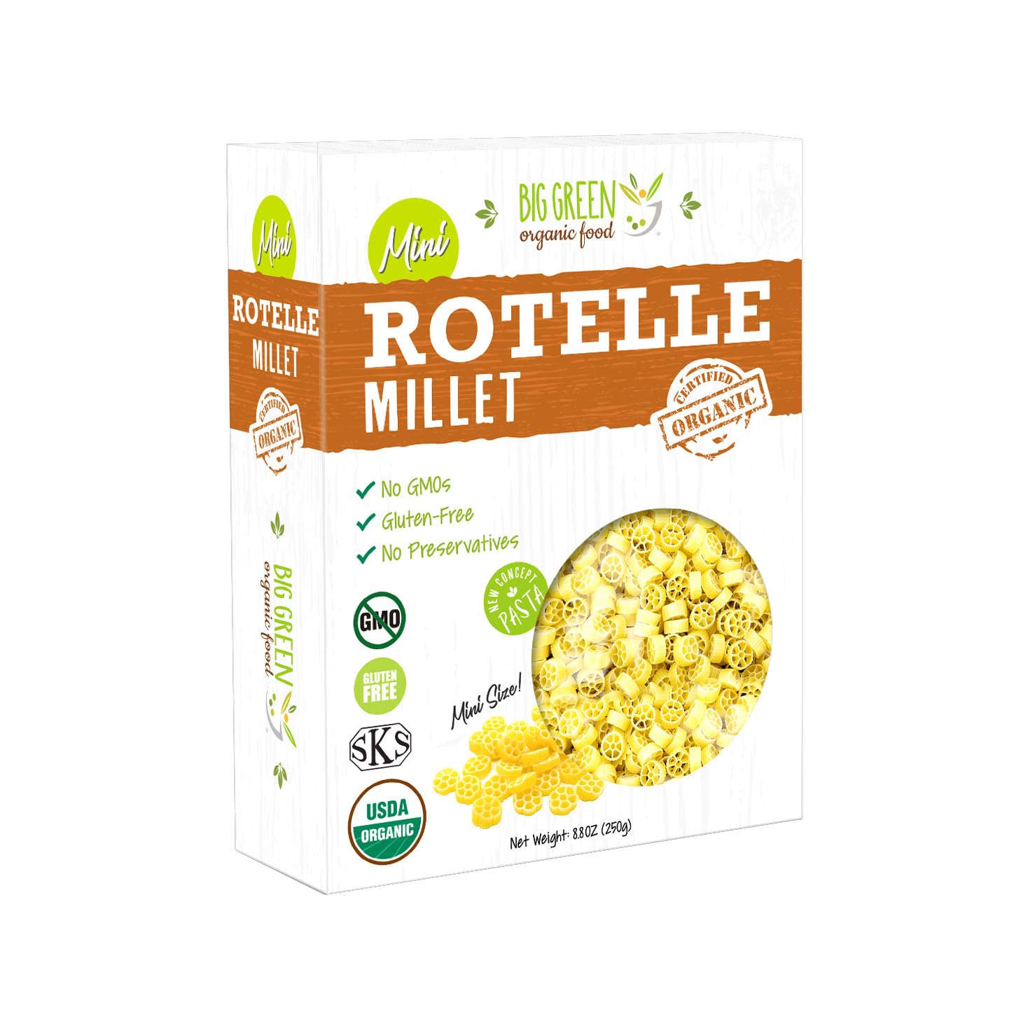 Big Green Organic Food - Organic Mini Millet Rotelle Pasta, Gluten-Free, Non-GMO, Vegan, Plant-Based, Kids' Favorite, 8.8 oz (6 Boxes)