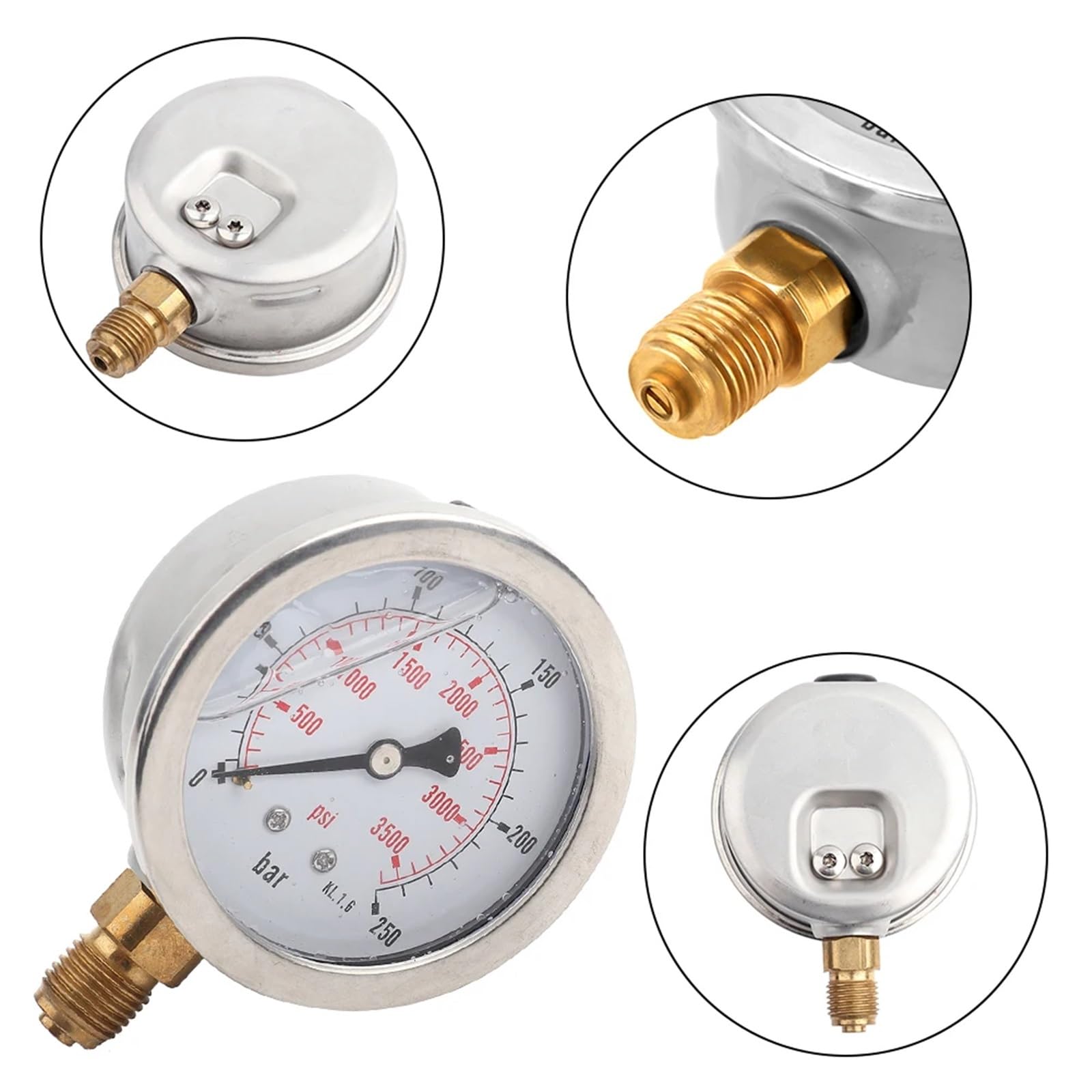 1 manómetro hidráulico de presión de agua, 0-250 bar (0-3750 psi), G1/4, 63 mm, medidor de presión de carátula.