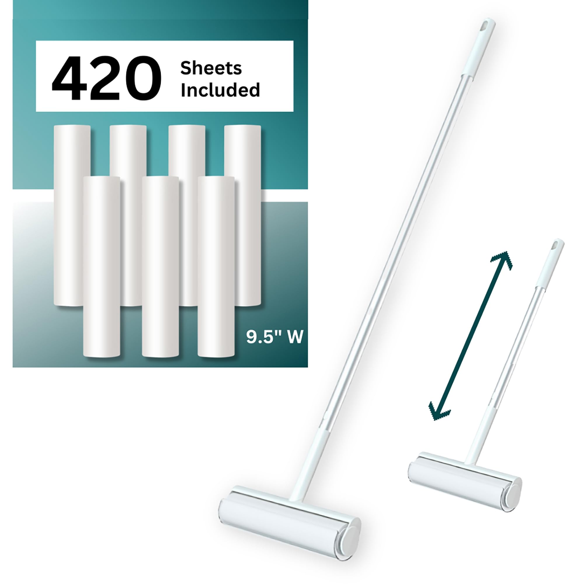 Rullo grande per pelucchi con rullo extra appiccicoso e 420 fogli di larghezza 24,1 cm, rullo per pelucchi per pavimenti, manico lungo, estensibile fino a 104 cm, tappeti, divani, peli di animali