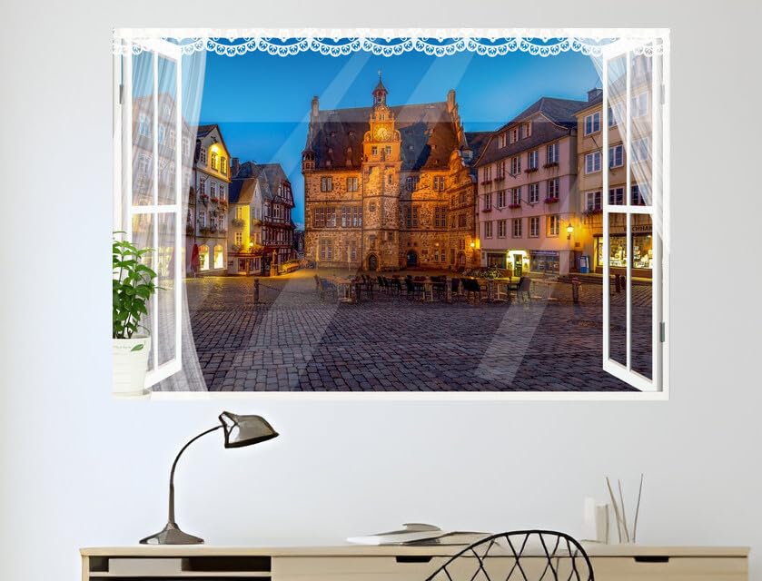 JVERF - JZZB04935 Germany Houses Evening Marburg Town Square Street| Self-Adhesive Open Window Wall Sticker