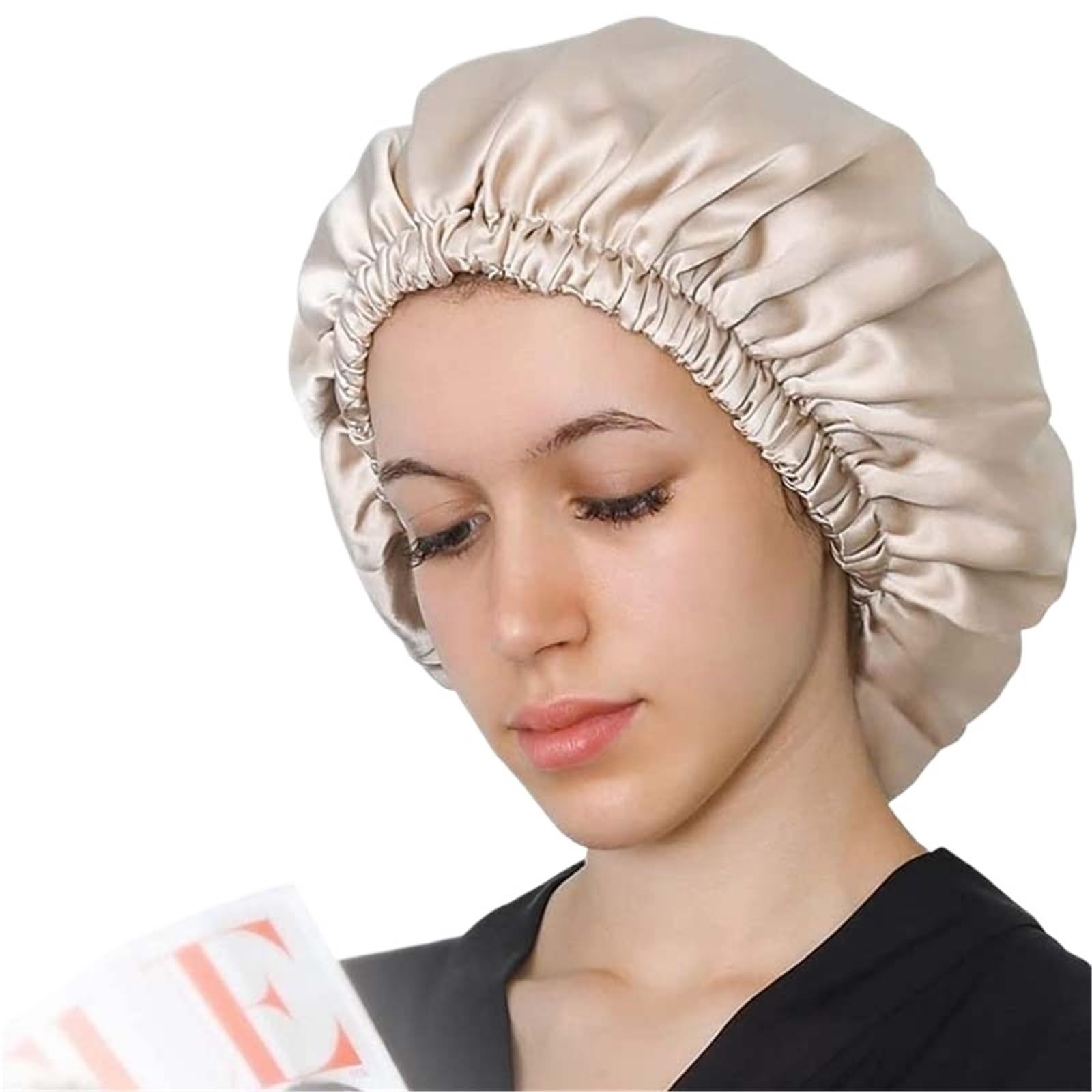 Seiden-Schlafhaube Seidenschlafmütze for Damen, doppellagig, Schlafmütze, Haarwickel, elastisches Kopftuch for alle Haare(Beige)