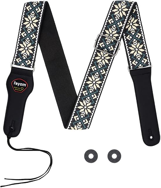 Rayzm Embroidery Guitar Strap, Jacquard Weave Cotton Strap for Acoustic/Electric/Bass Guitar with Plectrum Picks Pocket and 1 Pair Strap Blocks, Metal Buckle, 5cm Wide, Adjustable Length