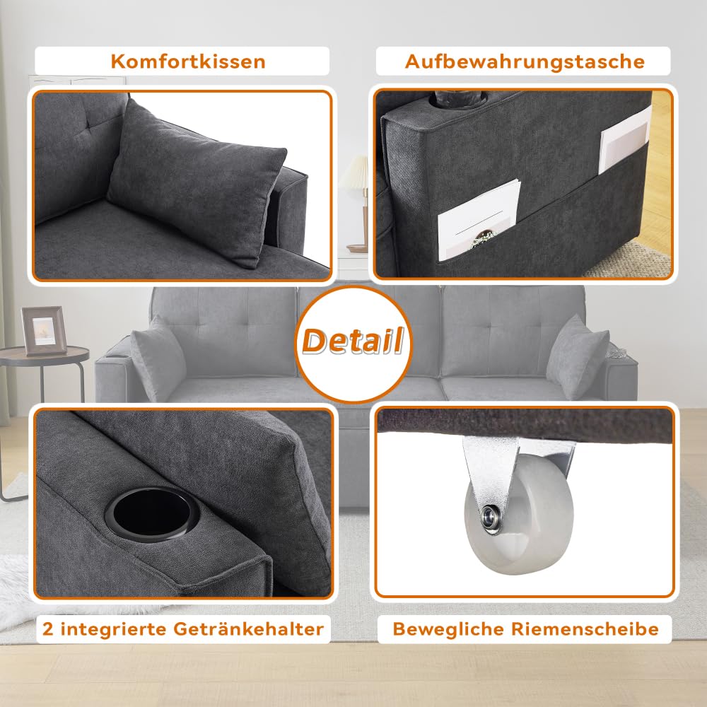 Sofá cama 3 plazas, sofá cama con función de sueño, sofá cama de una plaza y media en L, sillón salón con almacenamiento, con portavasos
