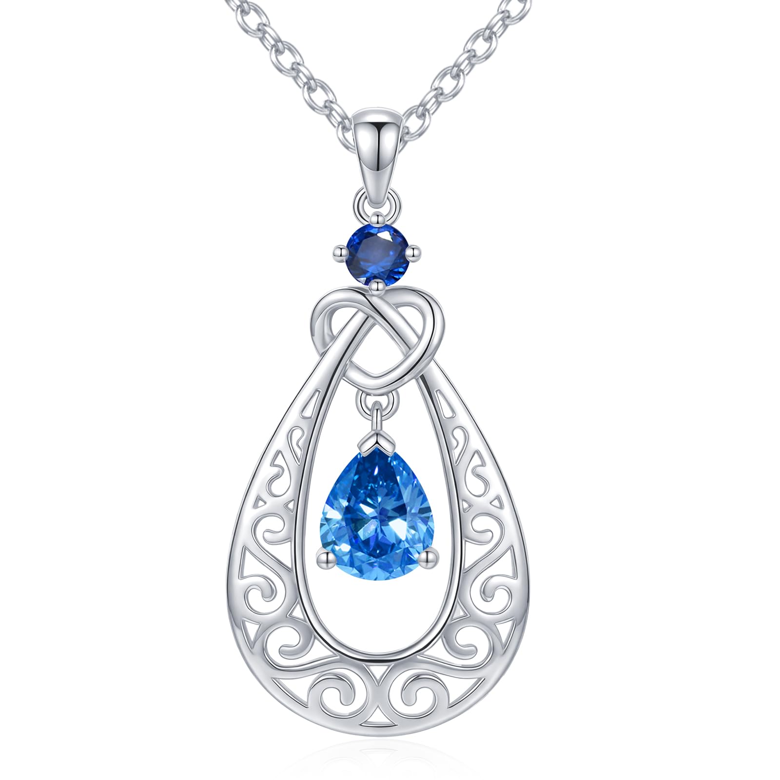 Teardrop Birthstone Necklace 925 Sterling Silver Infinity Filigree Pendant Necklace, Infinity Love Birthday Anniversary Valentines Day Jewelry Gifts for Her Women Mom Wife