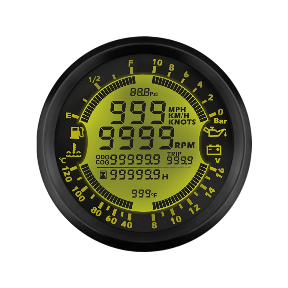 ELING Multi-funcional GPS Velocímetro Tacómetro Hora Temperatura del agua Nivel de combustible Presión del aceite Voltímetro 12V 10Bar 85mm Con luz de fondo