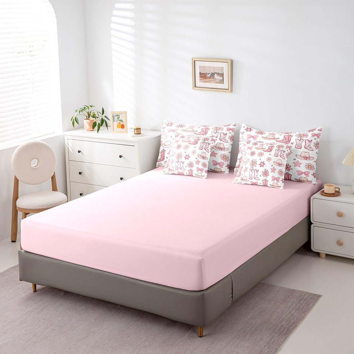 Feelyou Kids Cowgirl Bed in A Bag Queen Size, Cowgirl Horseshoe Comforter Set with Sheets Glitter Stars 7 Pieces Bedding Set Boys Girls Leopard Print Teens Bed Set Bedroom Decor 7Pcs