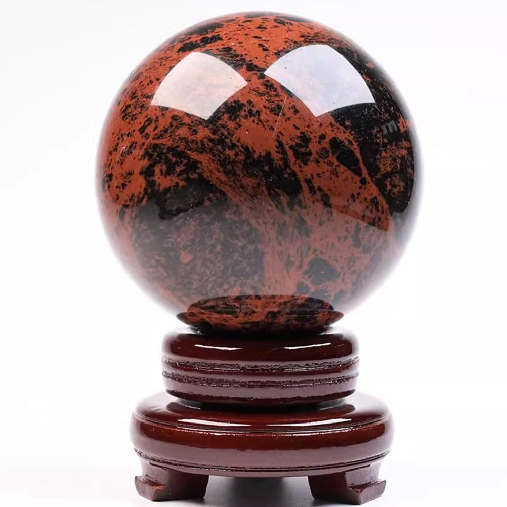 Natürliche rote Schwarze Obsidian -Kristallkugel Heilung Edelstein Quarzball -Skulptur Figur mit Stand für die Wahrsagungsmeditation Feng Shui Schutzdekoration,70~80mm
