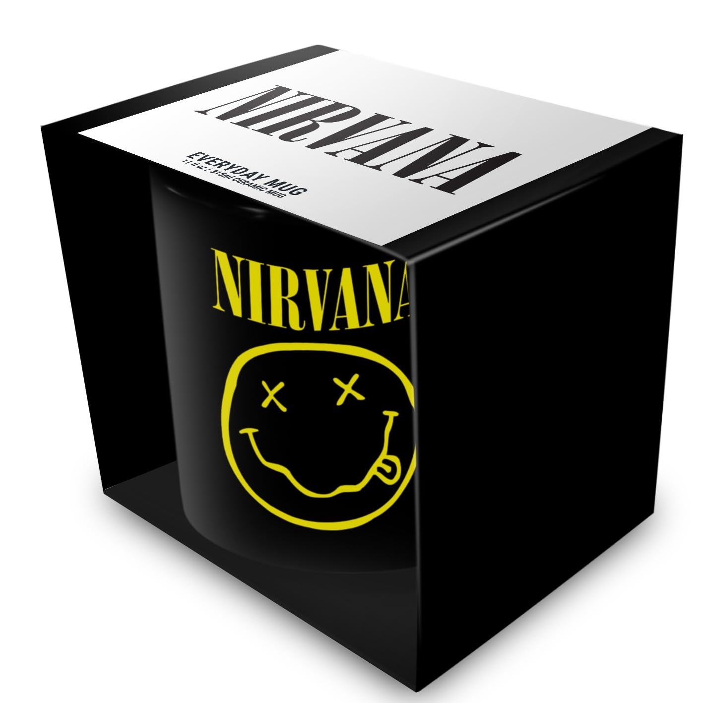 Pyramid International Nirvana (Smiley Face) Black Pod Ceramic Mug 11oz/325ml – Official Grunge Band Gift for Fans, Coffee Tea Cup, Collectible Rock Drinkware, Music Merch – One Size