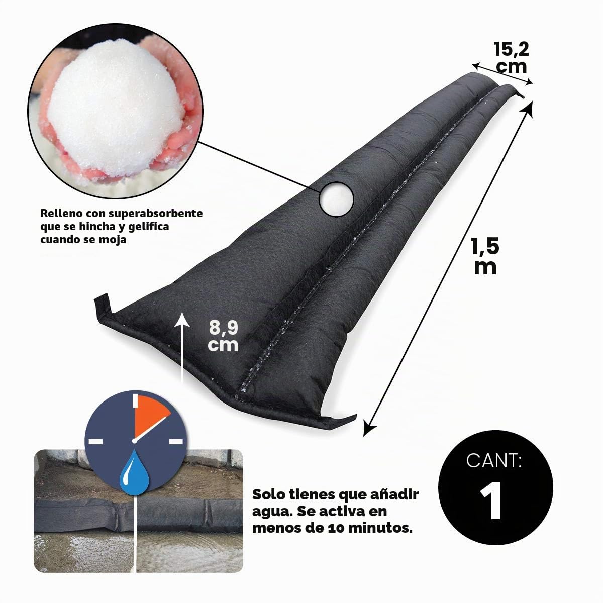 Quick Dam Barrera de contención activada por Agua, 1.5 m, 1 Unidad, QD65-1, 0V