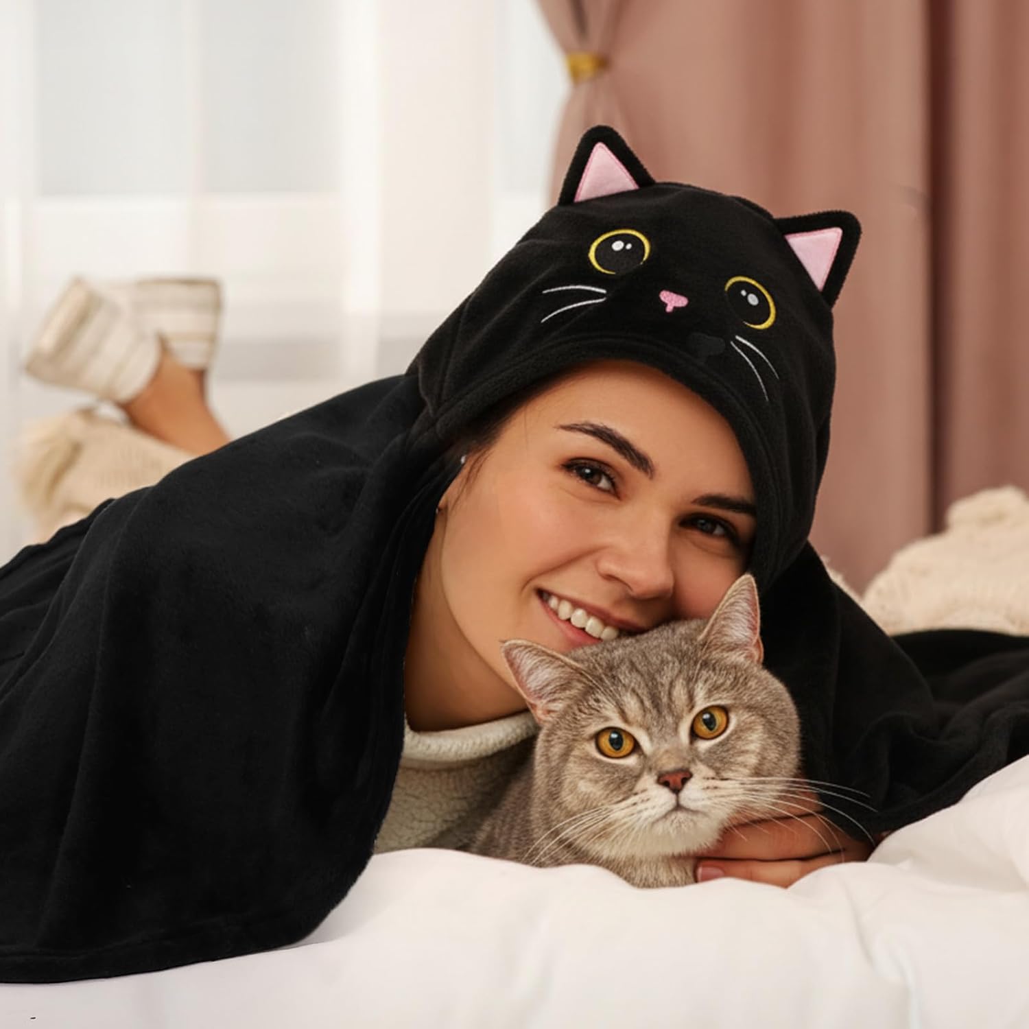 Peryiter Cat Wearable Blanket Hoodie - Valentine Black Cat Gift Adults Oversize Soft Flannel Cloak Wrap Throw Hooded Blanket for Women Men - Image 4