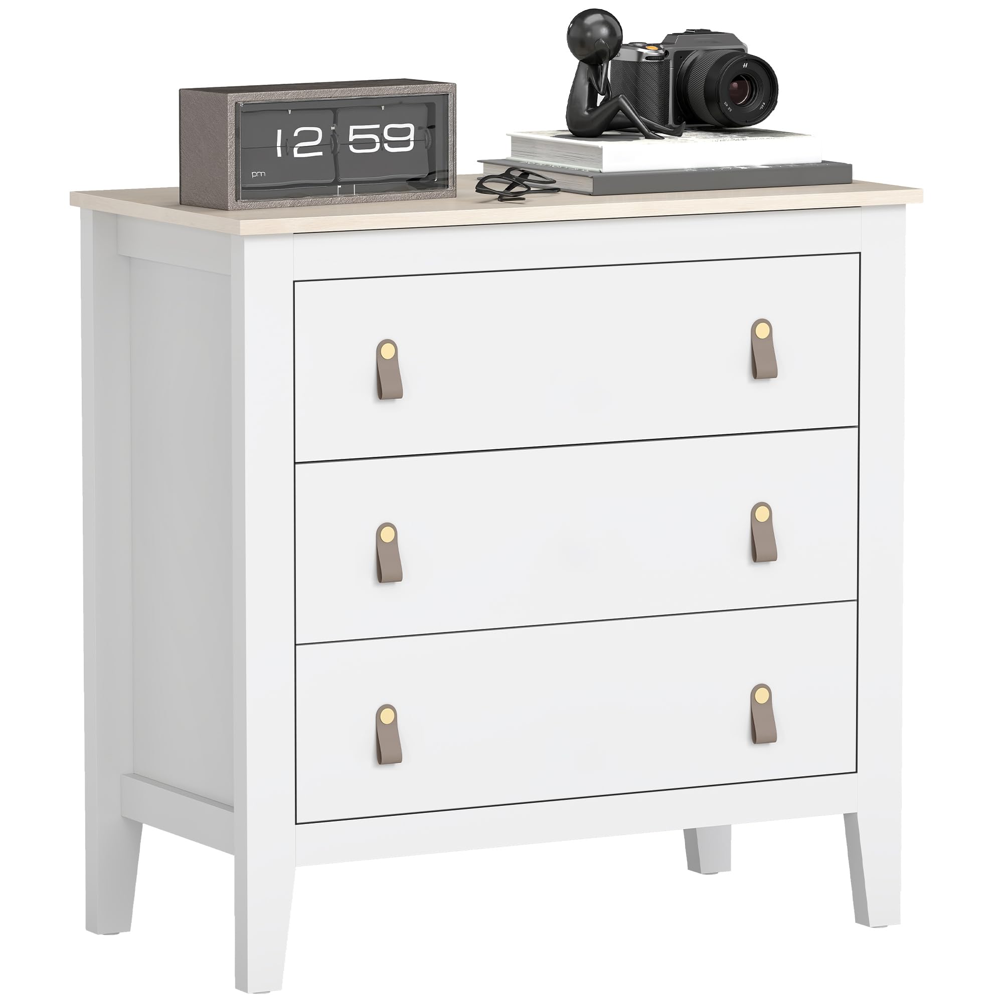 HOMCOM Cómoda de 3 Cajones Tiradores de PU Cajonera 80x40x78,5 cm Blanco | Cómoda para Dormitorio, para Salón Pasillo
