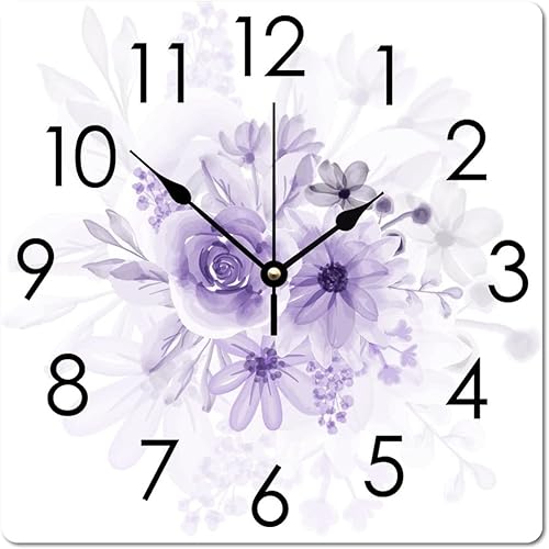 Reloj de hora cuadrado de 15 pulgadas, funciona con pilas, silencioso, sin tictac, relojes colgantes de acuarela, rayos X, flores moradas, reloj de