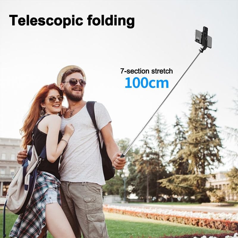 Image of Selfie Stick Tripod, 100CM Length with Light, 3 in 1 Multifunctional Design, Rechargable LED Light with Two Brighness Levels for Make up, Selfie & Photo Shoot with Bluetooth Remote